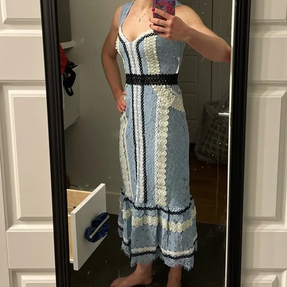 chinese dress ladies Foxiedox White/Blue Halina Lace Bow Tied Strap Midi Dress NWT- Size S – The  Saved Collection main image 0